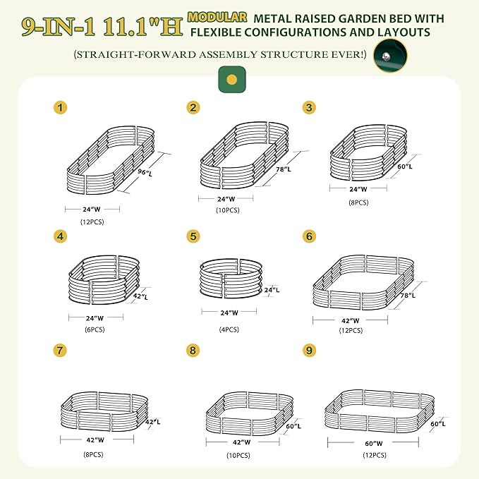 BlueWish 8x2x1FT Raised Garden Bed, 11.1” H Galvanized Raised Garden Bed with Bottomless, Rubber Strip, 9-in-1 Modular, Raised Planter Box Outdoor for Vegetable, Flower, Green