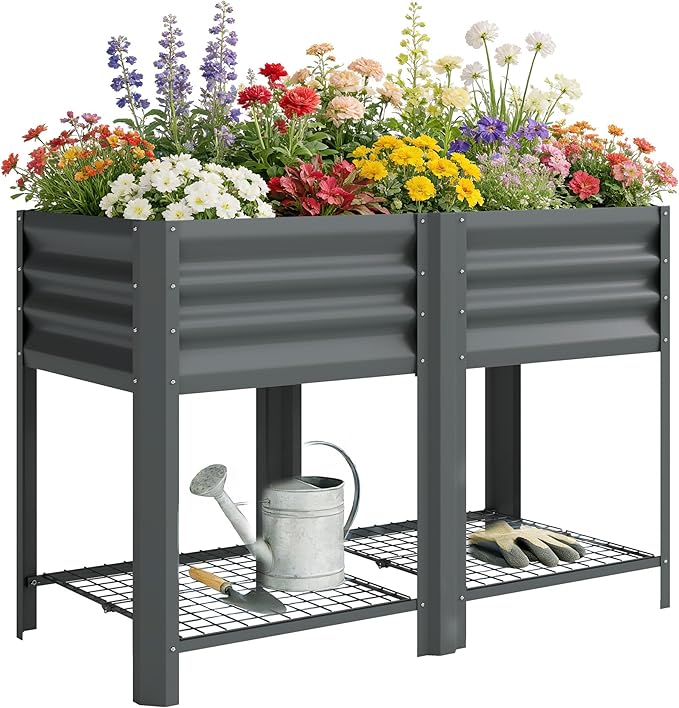 Outsunny Galvanized Steel Raised Garden Bed with Storage Shelf and Bed Liner, Elevated Planter Box with Legs for Flowers, Vegetables, and Herbs, for Outdoor Patio Yard, Glove Included, Dark Gray
