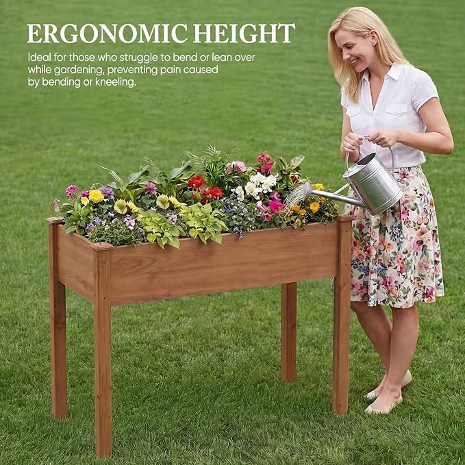DUMOS Raised Garden Bed with Legs, 48x24x30 Inch Planter Box Outdoor with Liner for Herbs Flowers Vegetables, Elevated Wooden Garden Bed for Patio, Balcony and Backyard, Brown