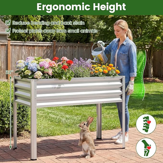 Giantex Raised Garden Bed with Legs, 44" x 22" x 32" Metal Large Elevated Planter Box for Vegetable Flower Fruit Herb, Heavy Duty Outdoor Gardening Planter for Backyard Patio Balcony, Silver