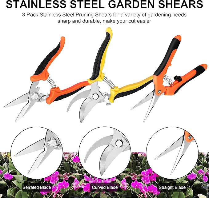 3 Pack Stainless Steel Garden Shears Pruning Set, Bypass, Serrated, and Straight Blade Scissors for Trimming Flowers, Branches, Stems - Perfect Pruners for Gardening & Plant Care