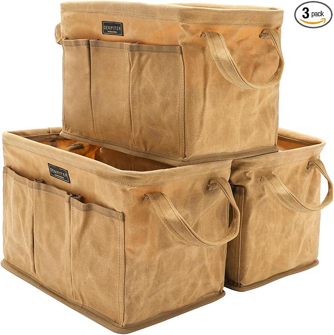 Heavy Duty 16oz Waxed Canvas Tool Bag, Rectangle Foldable Open Top Tool Bags with Handles,7 Pockets &13.8 x 7.8 x 7.8 Inches 3-Pack (Khaki)
