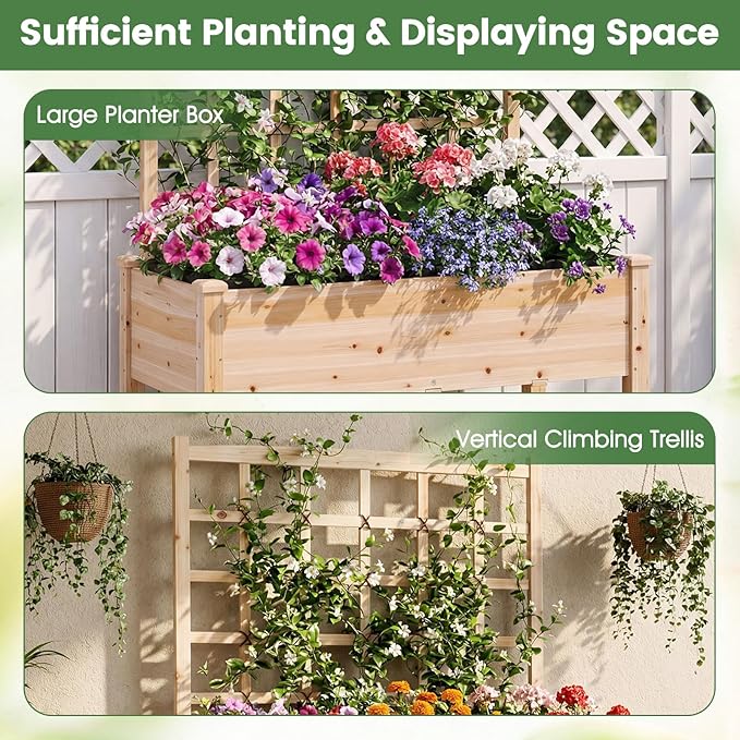 Giantex 65'' Wooden Raised Garden Bed w/Trellis on Wheels Set 2, Mobile Elevated Planter Box w/Legs, Liner & Drainage Holes for Climbing Plant Vegetable Herb Flower, Outdoor Garden Box, Backyard