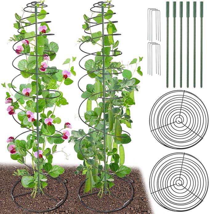 Pea Trellis Green Bean Trellis for Garden - 2 Pack Sugar Snap Tower Stretchable to 50in with Poles, Metal Climbing Plant Growing Cage Support for Cucumber Vine Vegetable Indoor Outdoor