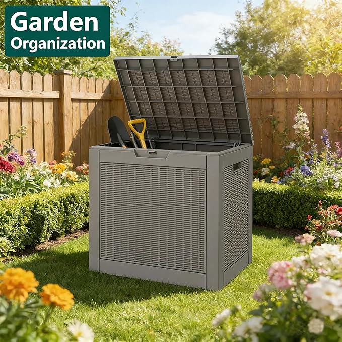 30 Gallon Outdoor Storage Box, Resin Deck Boxes Outdoor Waterproof For Patio Furniture, Garden Tools, Pool Supplies, Lockable And UV Resistant (Rattan Black)