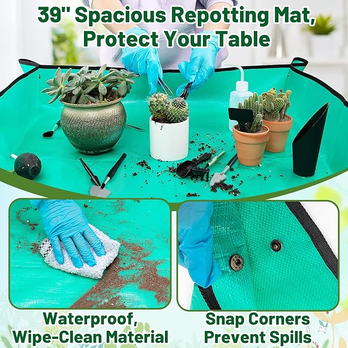 20pcs Small Gardening Tools Gifts for Women Beginners - Garden Hand Tools Set for Indoor Succulent Bonsai Plants Transplanting, Included 39.4" Plant Repotting Mat/Miniature Shovel/Labels, Green