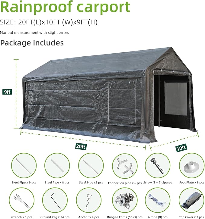 Car Ports, 10X20 Ft Heavy-Duty Carports with Roll-Up Windows, Portable Garages with Removable Side Walls and Doors, Trucks and Cars with All-Season Waterproof Pe Tarps