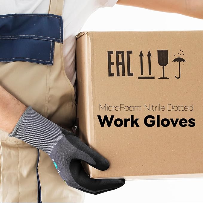 DULFINE Work Gloves for Men and Women,Grey Nylon with MicroFoam Nitrile Coated-12 Pairs Pack, Dots on Palm for Anti-slip and Extra Abrasion Resistant(Large)