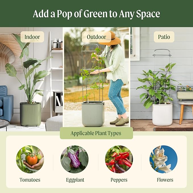 Vego garden Planters for Outdoor & Indoor Plants, Large Plant Pots with Self Watering, 15" Tall Large Plant Pots with Trellis for Flowers Plants Decor, Fog Gray