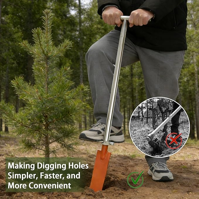 Dibble Bar Planting Tool with Foot Pedal, Sturdy Construction Tree Planting Bar with Stainless Steel Pole, T-Handle Dibbler Gardening Tool Digging Bar Long Flat