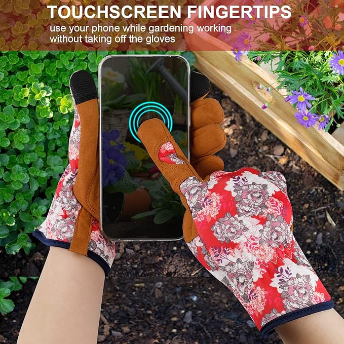 Leather Gardening Gloves for Women Thorn Proof Garden Gloves Touch Screen Working Gloves Gifts,M