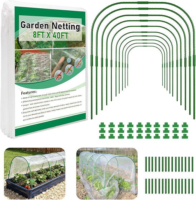 Garden Netting Kit for Raised Beds, 8x40ft Ultra Fine Mesh Netting & 10 Sets Garden Hoops with Clips, Row Cover Net Protection Plant Covers Set for Greenhouse Vegetable Fruits Flowers Barrier