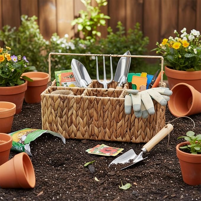 Garden Tools Woven Basket,Garden Tool Organizer with Handle,Wicker Storage Basket with 4 Compartments,Pruning Shears,Gloves,Shovel,Gardening Gifts for Women Men,14" L X 8" W X 5.5" H