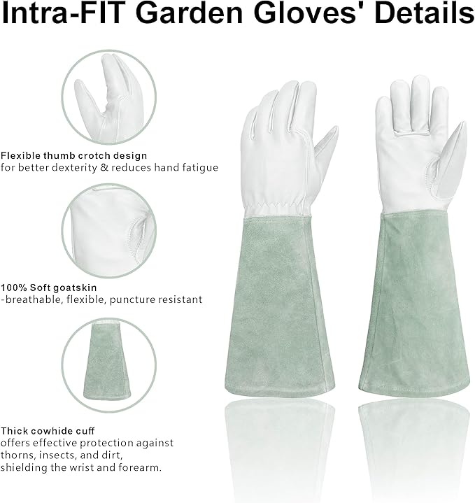 Leather Gardening Gloves – Goatskin Palm & Cowhide Cuff, Thorn-Resistant Long Garden Work Gloves