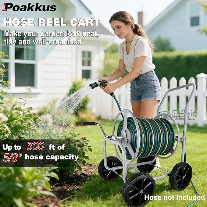 Hose Reel Cart, 300FT of 5/8’’ Hose, Heavy-Duty Water Hose Cart with 4 Wheels, Storage Basket, Portable Water Hose Organizer for Outside Yard, Outdoor Planting Tool (Sliver)