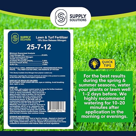 Supply Solutions 25-7-12 Lawn and Turf Fertilizer - 15% Slow Release Nitrogen Lawn Fertilizer for All Grass Types, Shrubs - Turf Builder Plant Food Covers 12,500 sq.ft (50lbs)