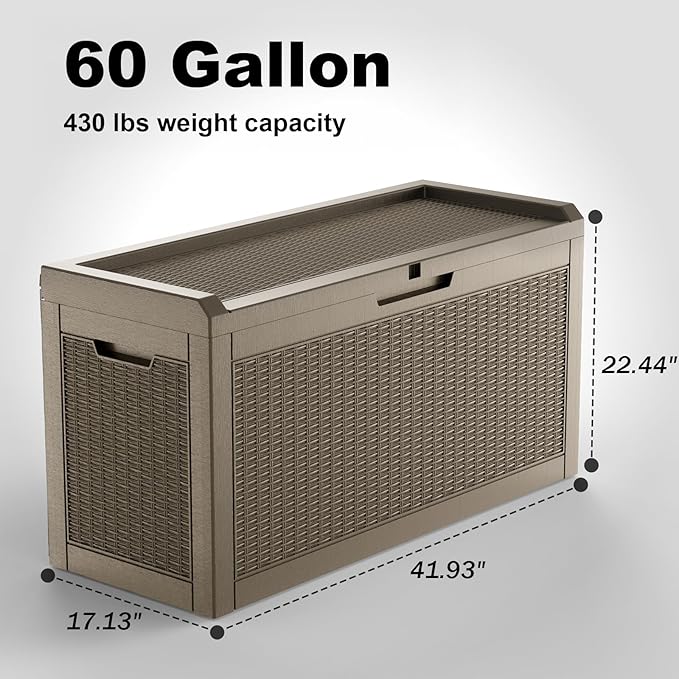 Vixzen 60 Gallon Outdoor Deck Box,Lockable Resin Waterproof Storage Box,UV Resistant,Weather Resistance,Outside Storage Bin for Gardening Tools,Pool Supplies（Gray，60 Gallon）