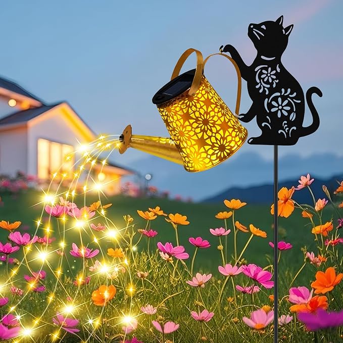 ZFNN Solar Garden Decor Lights, Outdoor Waterproof Solar Watering Can with Cascading Lights, Metal Cat Silhouette Stake Yard Art for Outside Lawn Patio, Unique Gardening Gifts for Women Mom