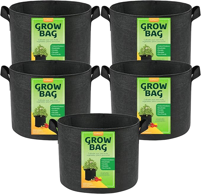 LotFancy 5 Pack 5 Gallon Grow Bags, 300G Thickened Nonwoven Fabric Pots with Reinforced Handles, Heavy Duty Aeration Planter Bags for Vegetables Flowers Fruits, Black
