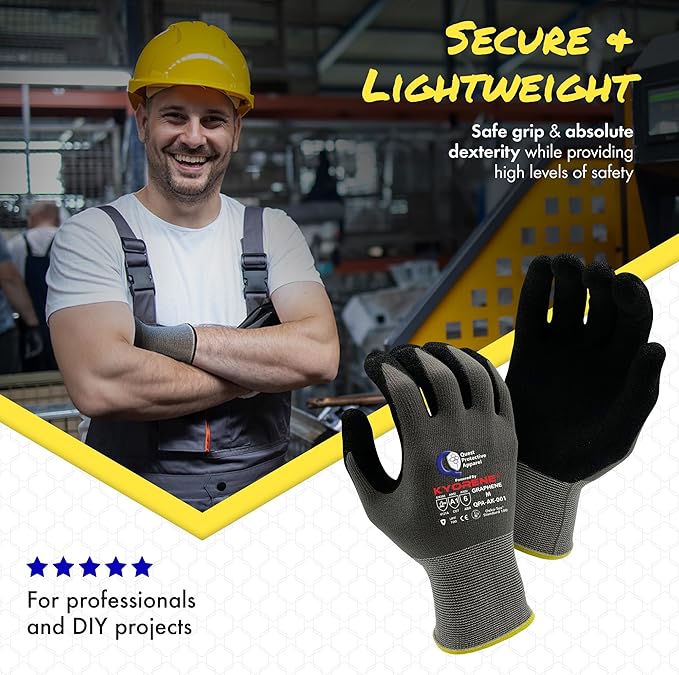 Quest Protective Apparel Cut Resistant Work Gloves (ANSI A1) – Lightweight Graphene Gloves for Gardening,DIY, Mechanical & General Handling – Breathable Grip Gloves for Men & Women – Medium, Pack of 3