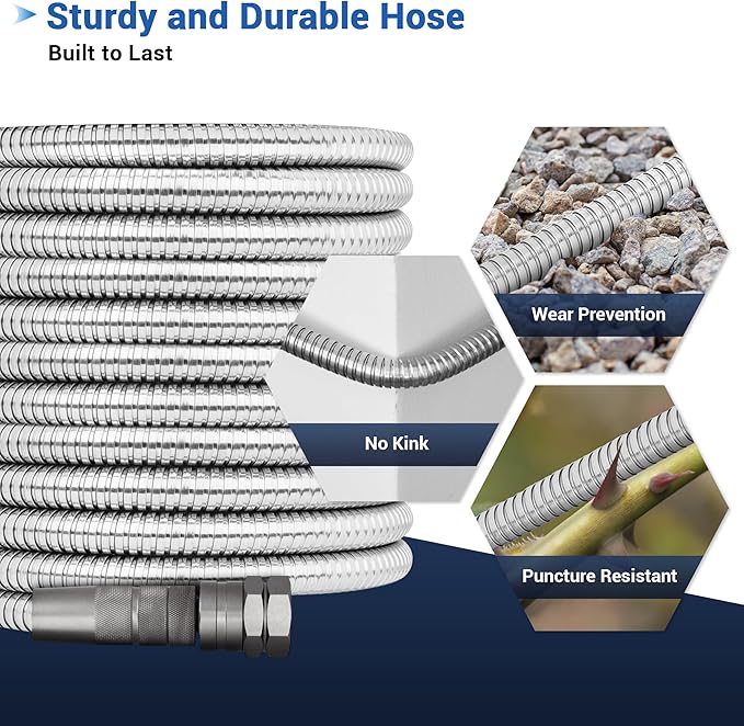 75 FT Stainless Steel Garden Hose – Heavy Duty 304 Metal Hose, 500+ PSI Burst Strength, No-Kink, Dog Bite & Puncture Resistant, Swivel-End Fittings, 8-Mode Nozzle for Large Gardens, Outdoor Use