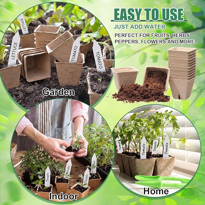 500 Sets Seedling Starter Kit with Square Peat Pots 2.36", Organic Coco Coir Pellets 30 mm, Labels, & Transplant Tools, Biodegradable Nursery Pot with Drainage Hole Potting Soil for Plant