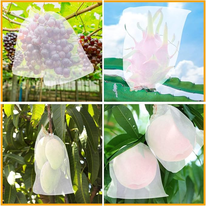 Kikhope 50 Pcs Fruit Protection Netting Bags, 10"x6" With Drawstring, Garden Barrier for Protecting Fruits