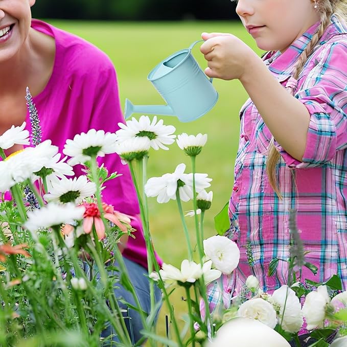 Small Metal Watering Can Set, Pink, 1.2L and 0.23L Garden Cans with Long Spout, Indoor Outdoor Plant Care (Green Blue)