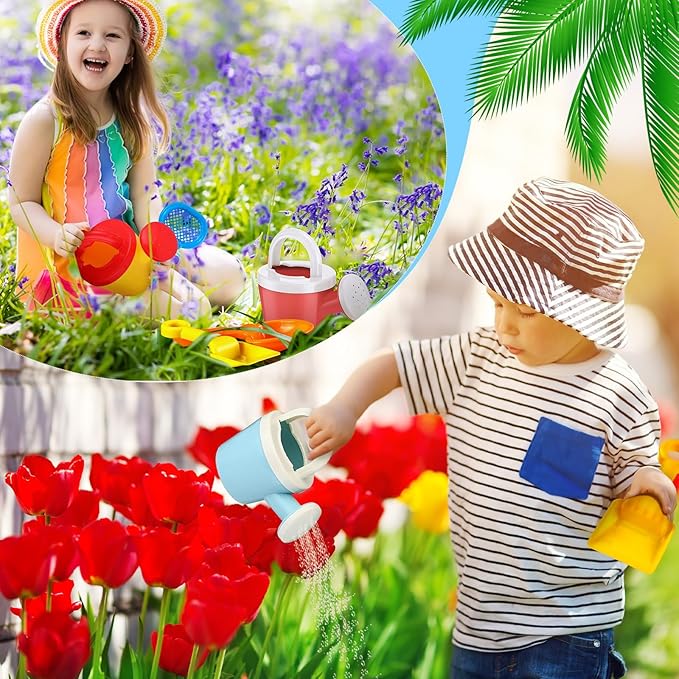 Sosation 24 Pcs Kids Watering Can Set 12 Plastic Small Watering Can Bulk 12 Shovels Gardening Tools Sand Toy Mini Water Buckets Play Kit for Flower Soil Planting Loosening Digging Trowel Rake Beach