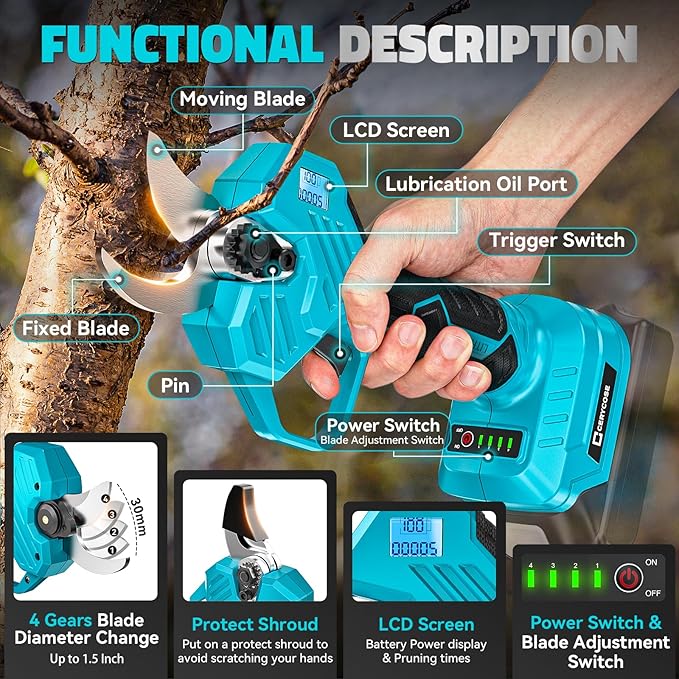 Electric Pruning Shears Compatible with Makita 18v Battery, 0.8-2 Inch Max Cutting Diameter Electric Pruner with LCD Display & Imported SK7 Steel Blades for Gardening Tree Pruning(No Battery)
