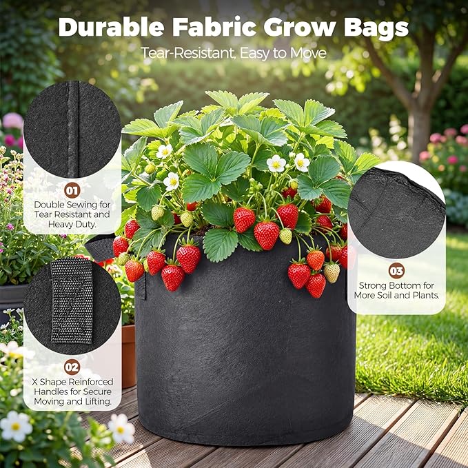 5-Pack 10 Gallon Grow Bags for Potato Tomatoes Vegetables, 5 Pack Terracotta Plant Self-Watering Stake Spike for Outdoor Indoor Plants, 300g Heavy Duty Thickened Nonwoven Fabric Cloth Pot Planting Bag