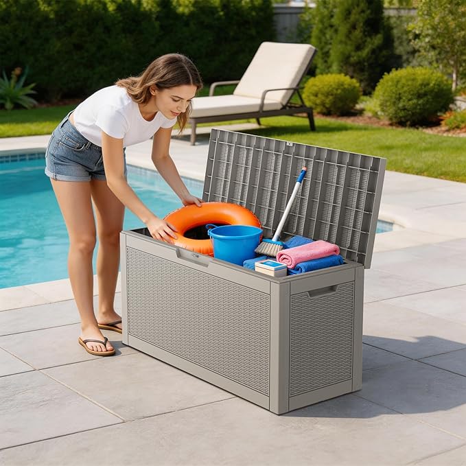 Mars Villa 60 Gallon Deck Box, Waterproof Resin Storage Bin with Lockable Lid, Weatherproof and UV Resistant, for Outdoor Patio Furniture Cushions, Pool Supplies, Garden Tools, Greige