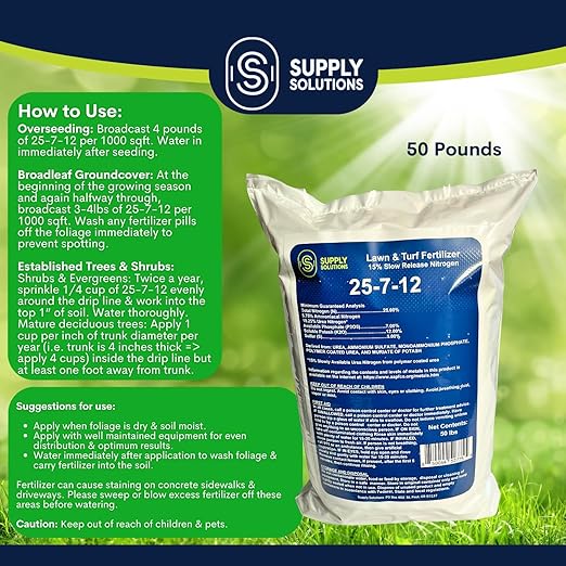 Supply Solutions 25-7-12 Lawn and Turf Fertilizer - 15% Slow Release Nitrogen Lawn Fertilizer for All Grass Types, Shrubs - Turf Builder Plant Food Covers 12,500 sq.ft (50lbs)