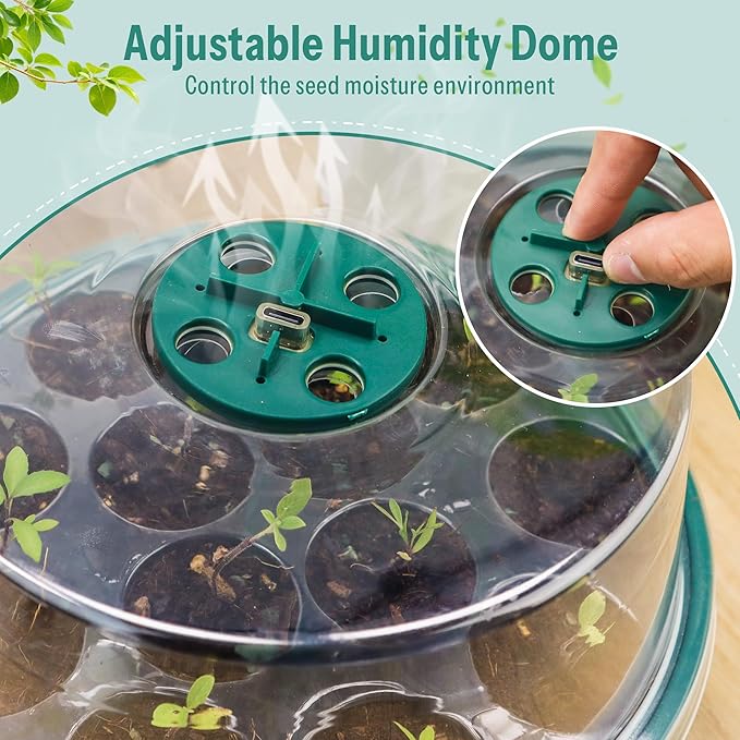 CJGQ 5Sets Seed Starter Tray with Grow Light,13-Hole Round Seedling Box,Elevated Seedling Starter Trays Kits with Adjustable Humidity Domes and Clear Cell Tray for Greenhouse Seeds Growing Starting