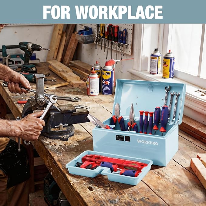 WORKPRO 10.8" Portable Mini Metal Tool Box with Removable Color-Matching Tray, One-Button Latch Toolbox, Steel Tool Chest with PP Handle, Compact Storage Organizer for Home, Office or Workshop