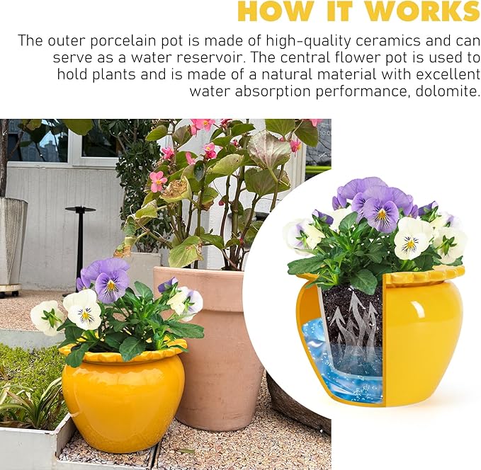 8in Self Watering Terracotta Planter - Yellow Ceramic Pot Maintenance Plant Seeder Planter for Indoor Plants African Violet