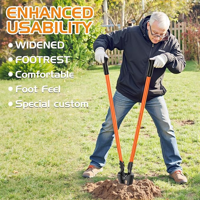 Post Hole Digger, 58-Inch Heavy Duty - 8 lbs Ultra-Lightweight, Fiberglass Handle & Curved Carbon Steel Blades, Anti-Slip Grip for Fence Planting (Orange & Black)