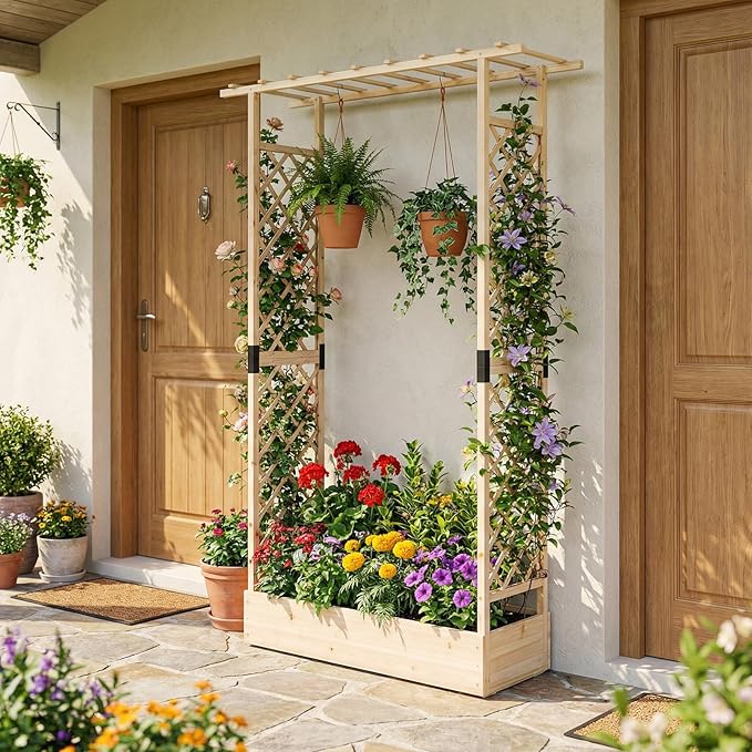 Giantex Wooden Raised Garden Bed with Trellis & Hanging Roof, 2 Pack Fir Wood Planter Box, 89” Freestanding Elevated Garden Bed for Outdoor Climbing Plants Vegetables Flowers, Patio & Balcony, Natural