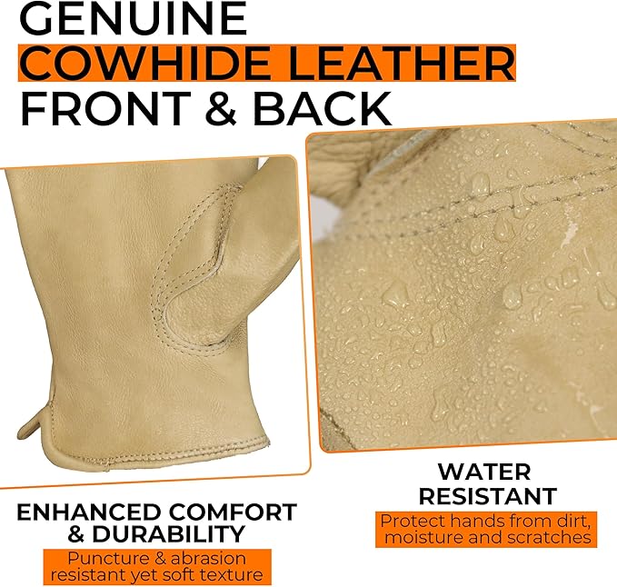 HANDLANDY Men Leather Gardening Gloves, Utility Work Gloves for Mechanics, Construction, Driver