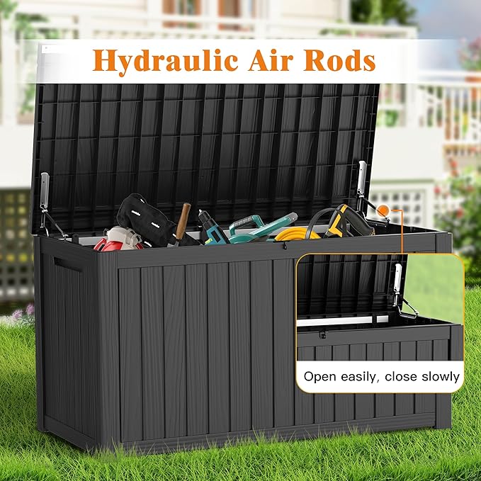 200 Gallon Outdoor Large Storage Box, Waterproof Large Deck Box with Handles & Lid, Large Storage Bins, Resin Patio Storage Box with Hydraulic Rods for Garden Tools, Cushions, for Yard, Pool, Porch