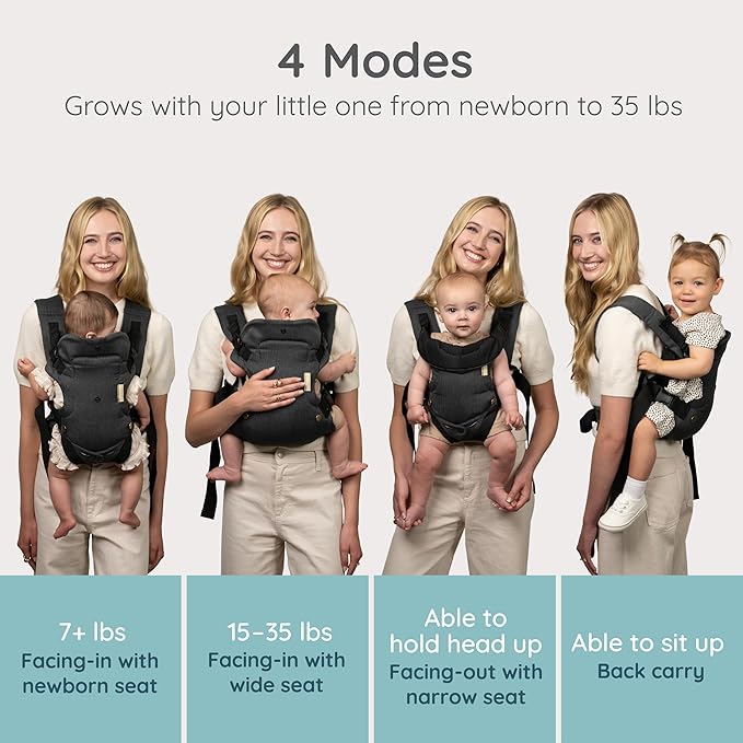 Infantino Flip Luxe 4-in-1 Convertible Baby Carrier, Ergonomic Infant to Toddler Carrier, Updated Lumbar Support, Premium Herringbone Fabric, Elevated Accents, Hands-Free Comfort, 7–35 lbs, Onyx