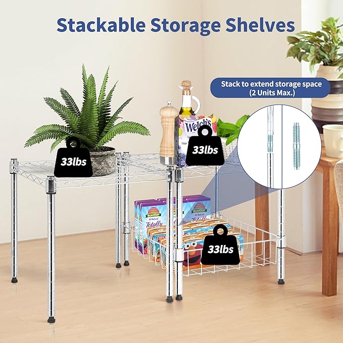 Simple Deluxe 2-Tier Shelving Unit, 15" W x 13.8" D x 15" H Wire Metal Stackable Storage with Basket, Chrome, 2 Pack