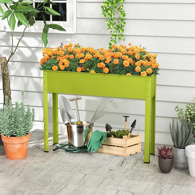 Giantex Raised Garden Bed, Metal Planter Box with Legs, Drain Hole, Outdoor Indoor Elevated Garden Box for Vegetable Flower Herb Fruit, Standing Raised Beds for Backyard Porch Balcony Green