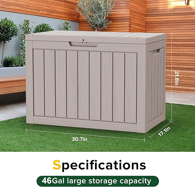 Vixzen 46 Gallon Resin Deck Box, Lockable Outdoor Storage Box for Patio Cushions Storage Furniture,Garden Tools, Pool Supplies, Weatherproof and UV Resistant（Grey，46 Gallon）