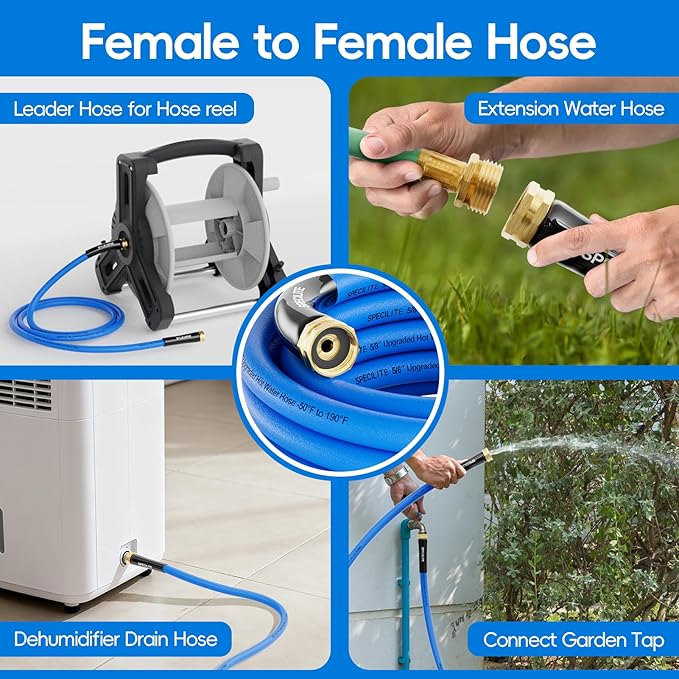 SPECILITE Female to Female Hot/Cold Garden Water Hose 3 ft x 5/8 Inch for Hose Reel, -50℉To 190℉, Heavy Duty, Flexible, Burst 605 Psi, Rubber Extension Pipe with 3/4" Brass Fittings