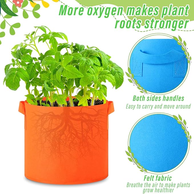 Colored Fabric Grow Bags Bulk Colorful Plant Grow Bags Nonwoven Fabric Pots with Handles Seeds Vegetables Tomato Planter Grow Buckets for Outdoor Garden Fruits Flower, 10 Colors(20 Pack,3 Gal)