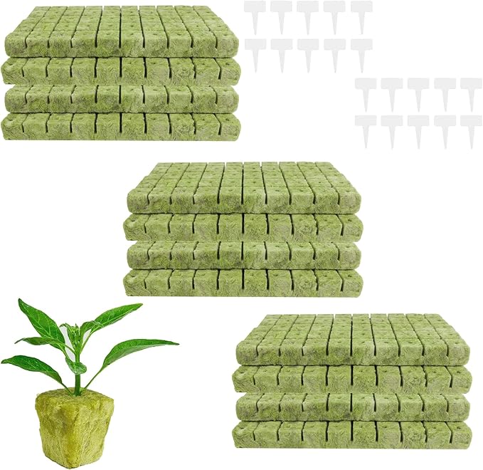 600 PCS 1 Inch Rockwool Cubes for Hydroponics, Rock Wool Hydroponic Planting Blocks with 20 Plant Name Tags, Rockwool Starter Plugs for Seedling & Cutting in Soilless Cultivation (12 Sheets)