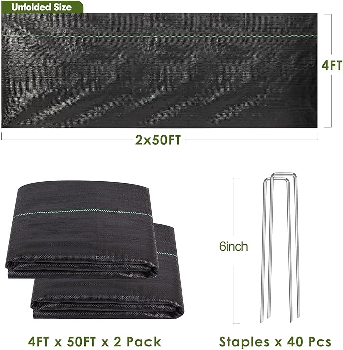 HongWay 4FT x 100FT Weed Barrier Landscape Fabric, Weed Blocker Fabric Heavy Duty with 40 U-Shaped Staples, Landscaping Weed Control Mats Ground Cover for Garden Beds, Driveway, Underlayment