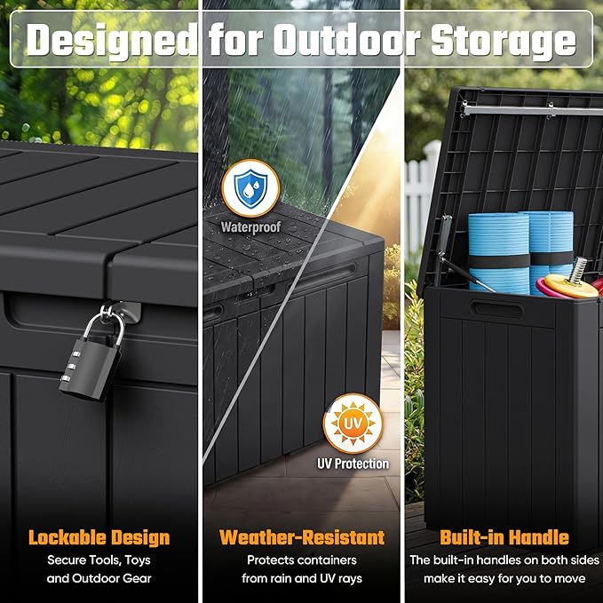 Greesum 110 Gallon Outdoor Storage Box with Lockable Lid, All-Weather for Patio Furniture, Pool Supplies & Garden Tools, Waterproof, UV-Resistant Large Deck Box, Dark Black