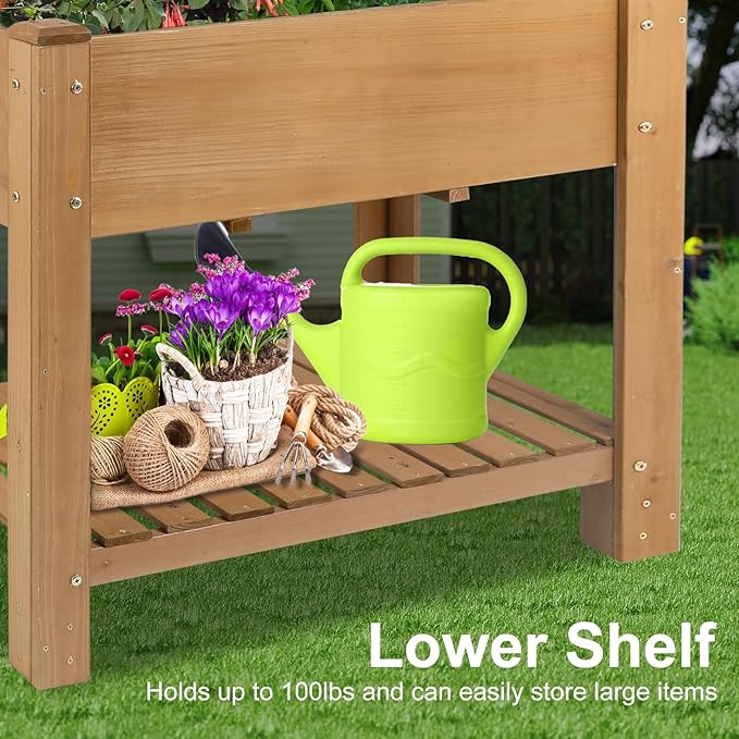 Raised Garden Beds Outdoor With Legs, Wood Elevated Garden Box With L-Connection Tabs，Storage Shelf , Leg Reinforcement，Suitable For Vegetables, Flowers And Herbs, Easy To Assemble, 33.5X18X 30IN
